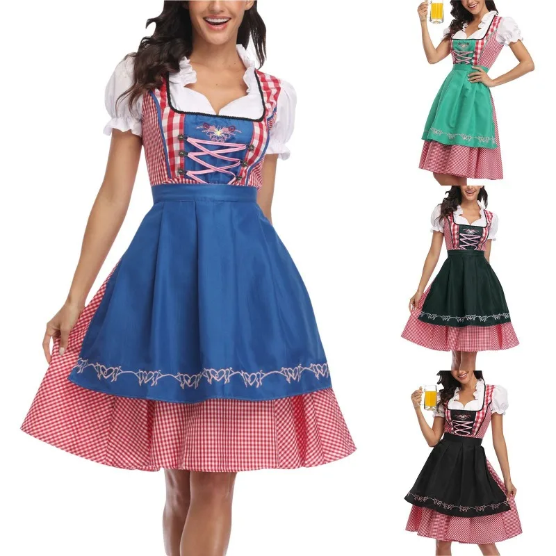 

New Traditional German Plaid Dirndl Dress Oktoberfest Cosplay Costume For Adult 2024 Women Halloween CosFancy Party Outfits