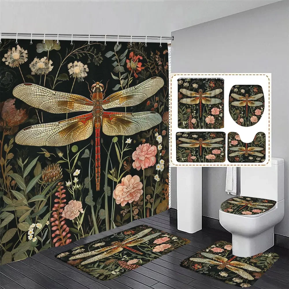 

Beautiful Watercolour Dragonfly Shower Curtain and Rug Set Bohemian Vintage Butterfly Shower Curtain Bath Mats Bathroom Decor