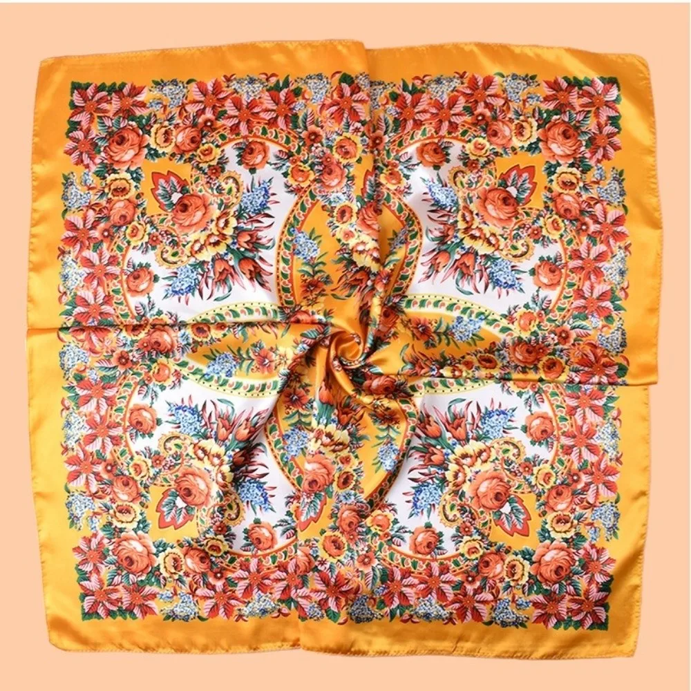 90x90cm Silk Imitation Scarves Thin Breathable Floral Print Square Head Scarf Smooth Silky Feel Multi-Function