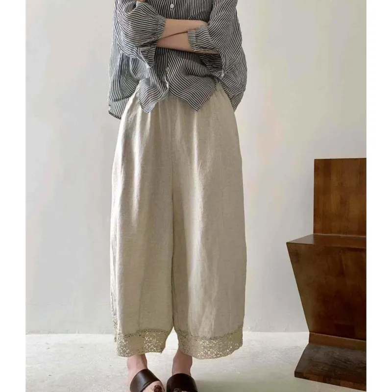 

Винтажные льняные повседневные брюки Johnature с кружевной отделкой и пэчворком для женщин, повседневные летние брюки длиной до щиколотки, новые универсальные широкие брюки