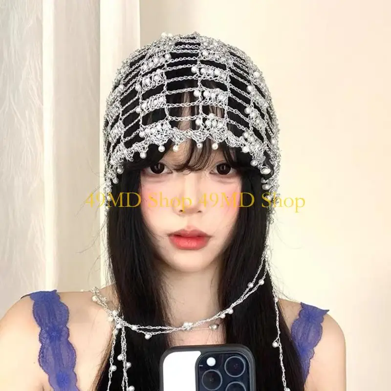 49MD Fashionable Silver Chain Hat Beaded Hollowout Slouch Cap For Women Daily Outfit