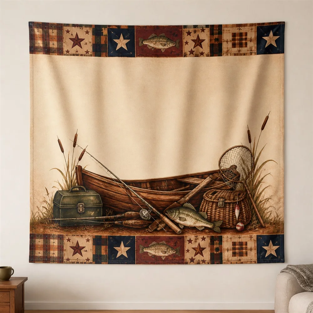 VIKAMA Fishing Still Life Twin Bands Tapestry Wall Hanging, American Wall Decor Tapestries for Living Room Bedroom Office Study