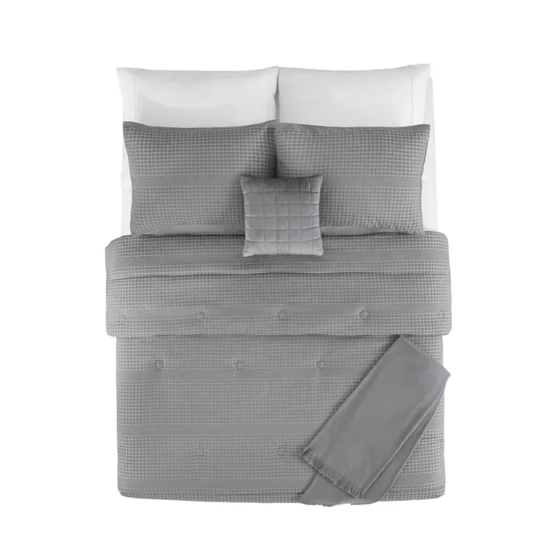 

Hot Sale.NEW 5-Piece Soothing Grey Waffle Comforter Set, Full/Queen-Home