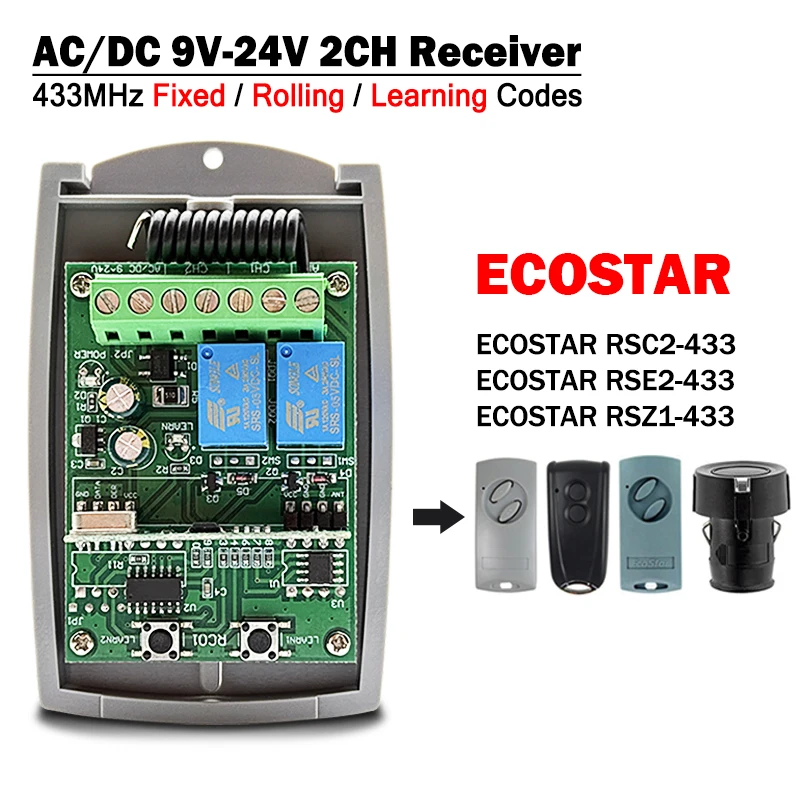 

Newest AC / DC 9V to 24V Remote Control Receiver 433MHz Garage Door Controller For ECOSTAR RSE2 RSC2 RSZ1 433 Garage Door Opener