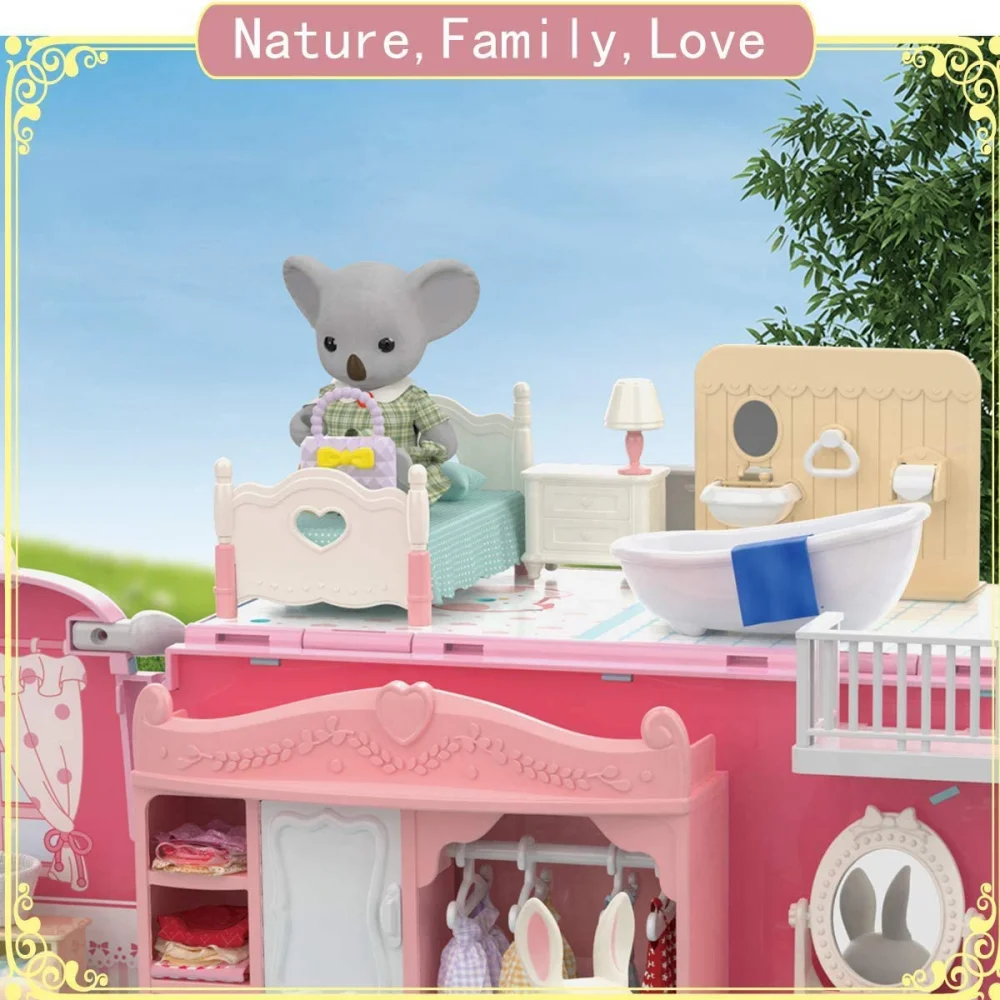 Koala Tour Bus Dollhouse Creative Crafts Miniature Animal Mini Rabbit Bear Play House Dolls Set Villa Furniture Toys Girls Gifts