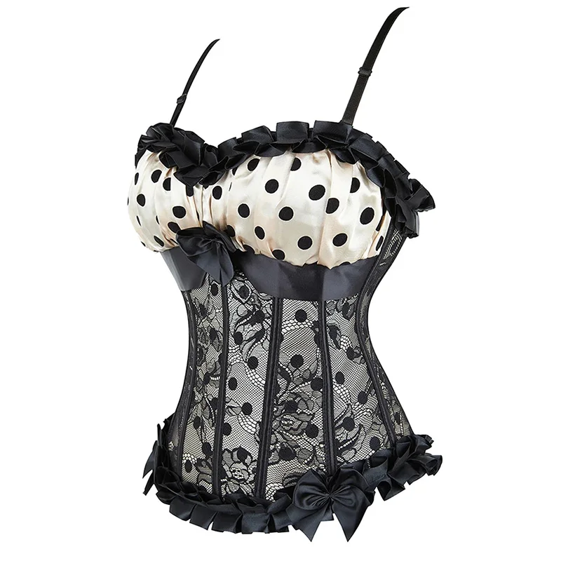 Removable Straps Side Zip Closure Overlay Lace Up Boned Corsets Ruffled Top Polka Dot Corset Bustier Overbust