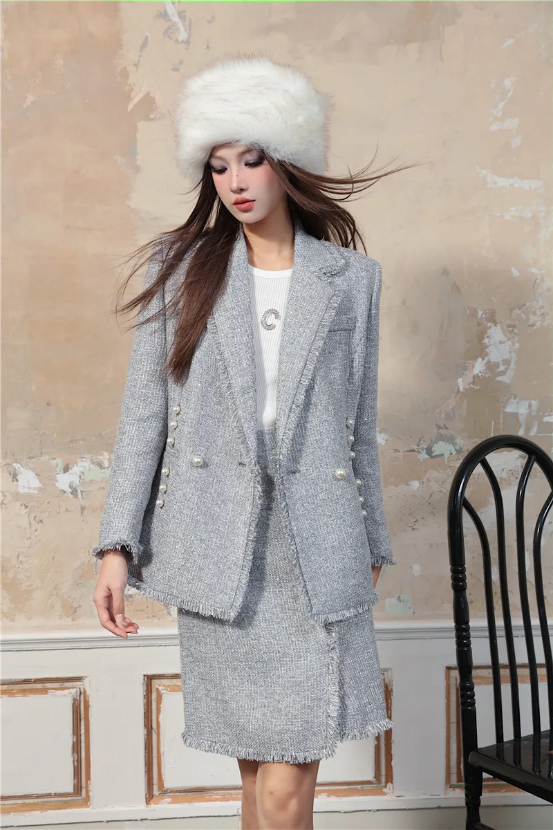 French Style Tweed Set: Textured Short Jacket with Skirt Professional Suit Set Women Female Office Lady Two-piece Set Hot Sale