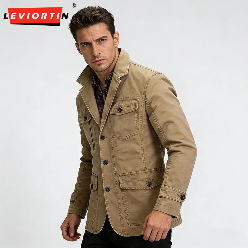 

Men's Washed Cotton Blazer Jacket, Spring Loose Plus Size Business Casual Outerwear, Trendy Utility Workwear Casual Jackets Man