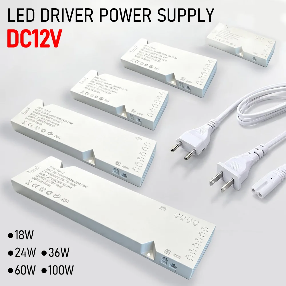 EU/US Plug 18W-100W LED Lighting Transformer 12V Power Adapter for Cabinet Closet  Closet Equipped with DuPont Lighting Port