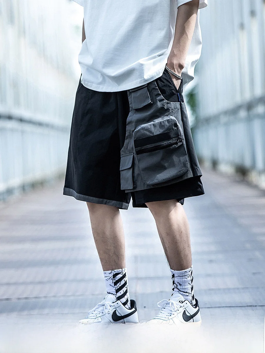 XiaoBin Summer Workwear Shorts Men's Loose Straight Cut Functional Five-Part Patchwork Design with Big Pockets Casual Trousers