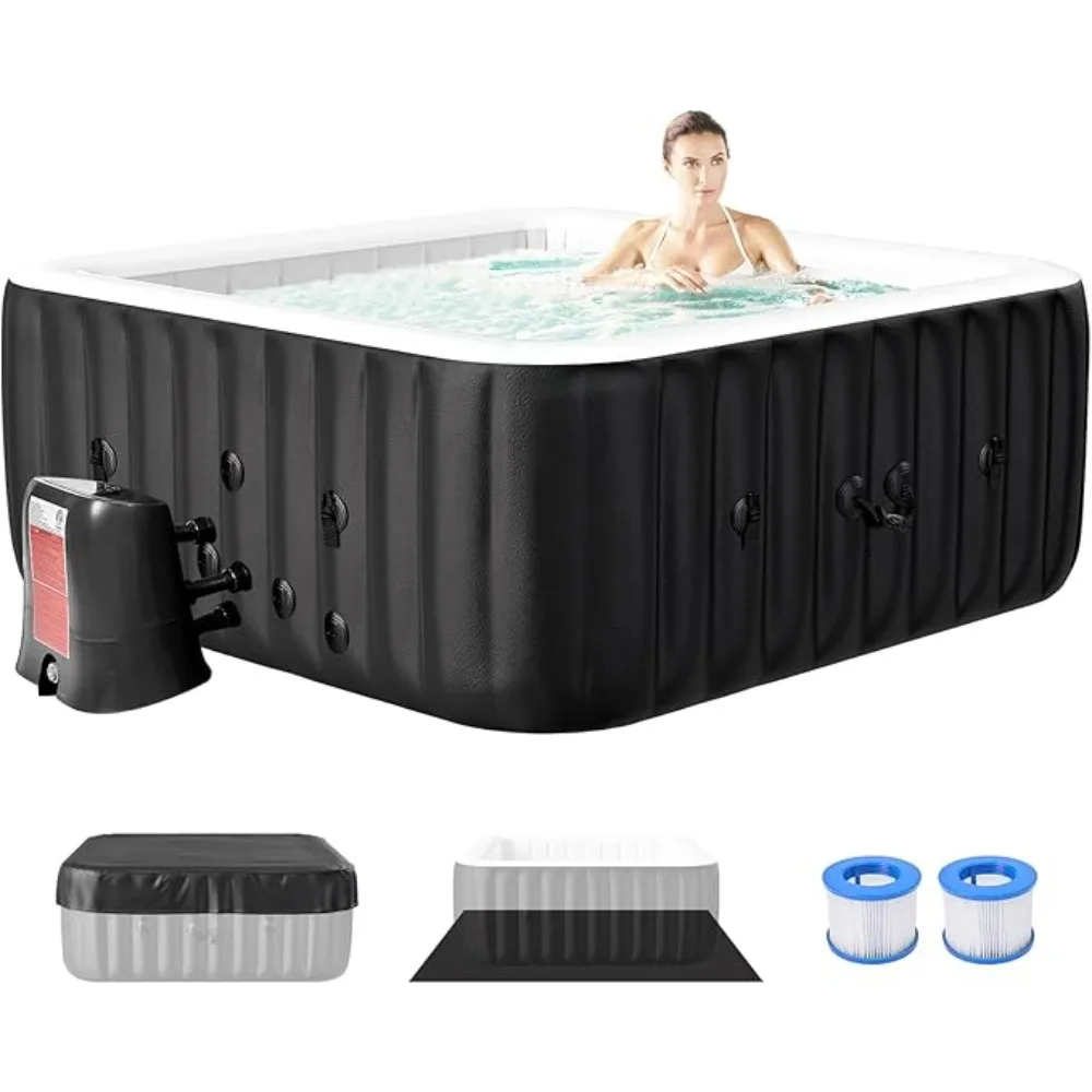 Hot Tub, 4-6 Person Portable Hot Tub Square Portable Outdoor Spa, 130 Bubble Jets and Built in Heater Pump, Inflatable Hot Tub