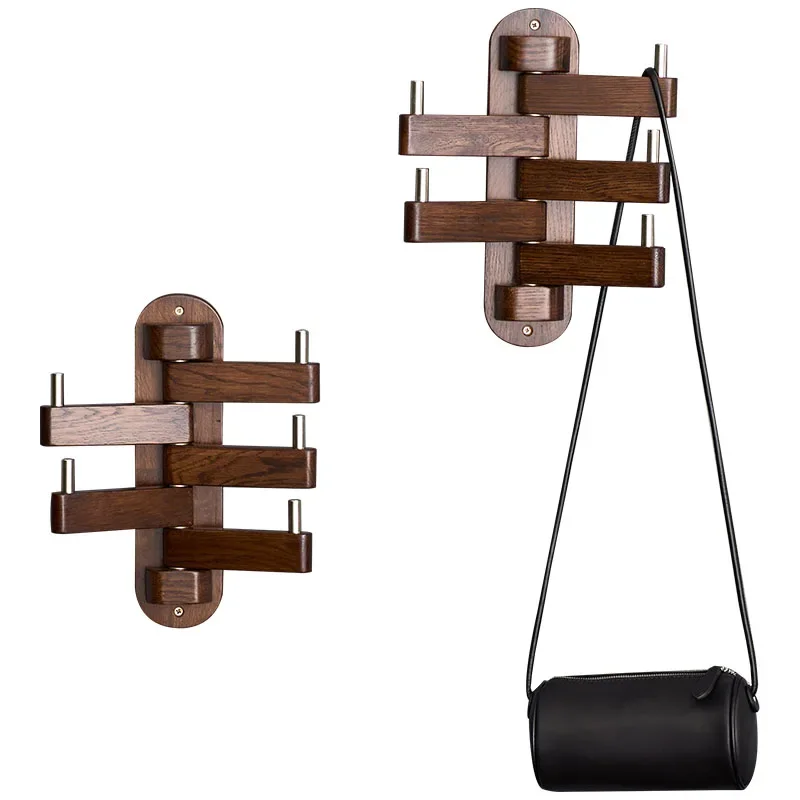 Wooden Rotating Folding Hook Wall Hanging Hooks Bathroom Towel Storage Hook Wood Bathroom Towel Organizer Creative Bag Hanger
