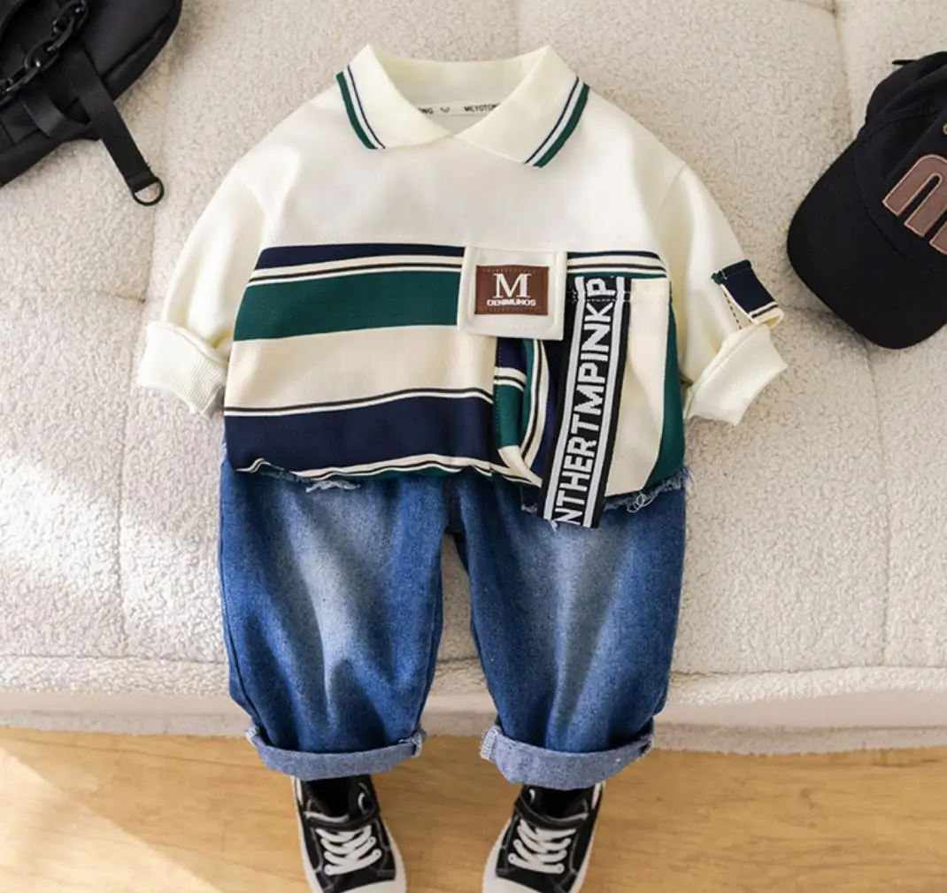 2024 Autumn Baby Outfits For Kids 6 To 12 Months Striped Pocket Pullover Long Sleeve T-shirts+Pants Children Boys Clothing Suit