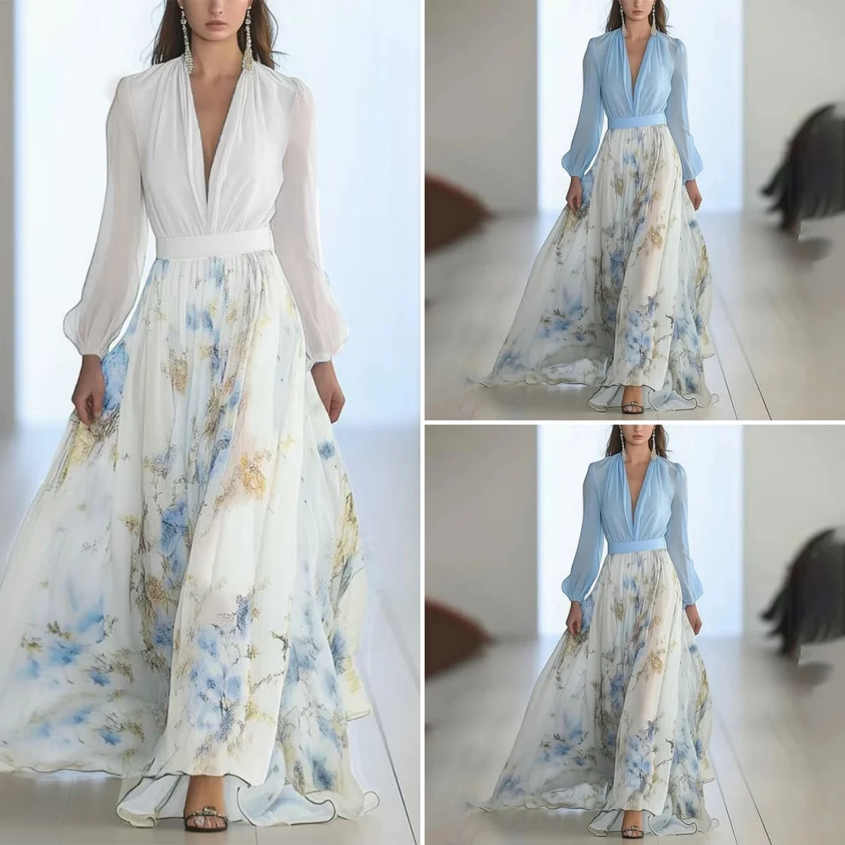 

Women Print Long Sleeve Dresses V Neck Patchwork Floor Length Dress A Line Elegant Office Lady Vestidos Autumn High Waist