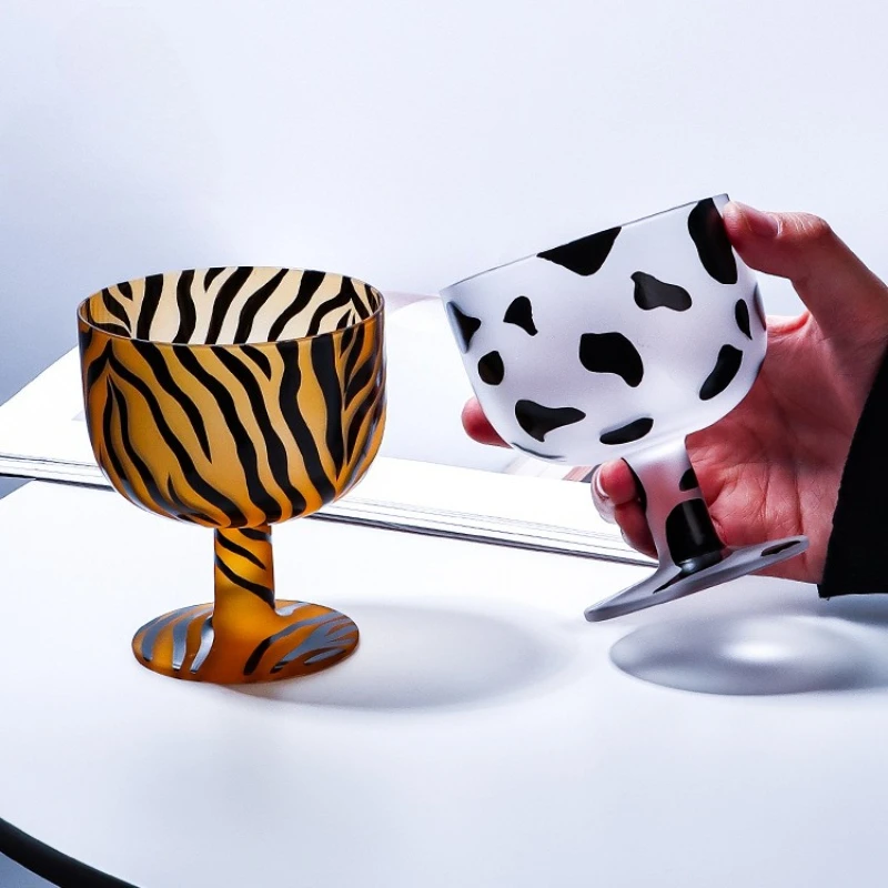 Creative Cartoon High Footed Dessert Cups, Crystal Glass Juice Beer Cup,Milk Ice Cream Cup,Bar Accessories Striped Wine Glasses