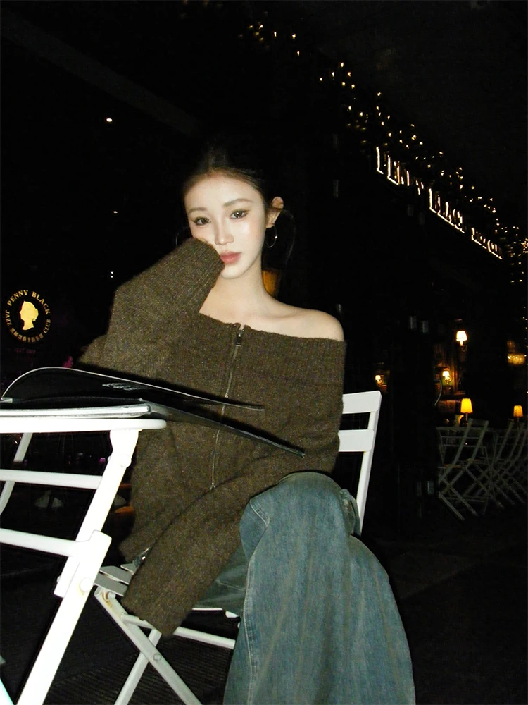 

Стильный вязаный свитер с открытыми плечами для женщин, в прохладных тонах, осенне-зимний, новый, универсальный, свободного кроя, с длинными рукавами