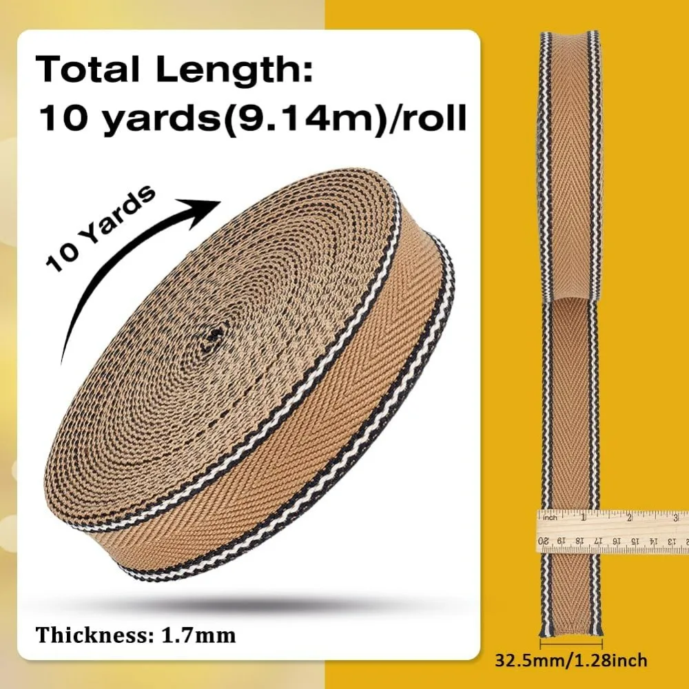 10 หลาผ้าฝ้ายโพลีเอสเตอร์ลาย Webbing,1.25 นิ้วกว้าง Tan ผ้า Webbing Trim, แบนผ้าฝ้ายโพลีเอสเตอร์ Webbing สําหรับกระเป๋า