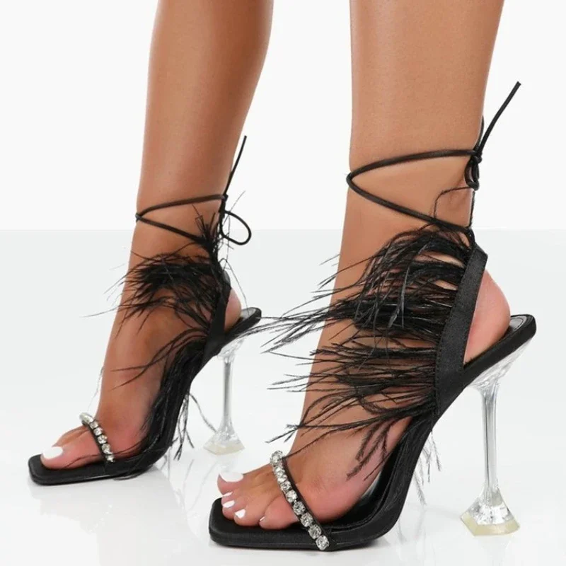 Feather Women Pumps Summer Strippers High Heels Shoes Ladies Square Toe Crystal Heel Sandal Sexy Wedding Party Shoe for Woman