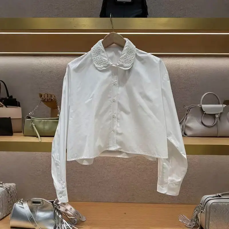 

Summer White Women's Beaded Double Layer Detachable Doll Neck Single Breasted Shirt