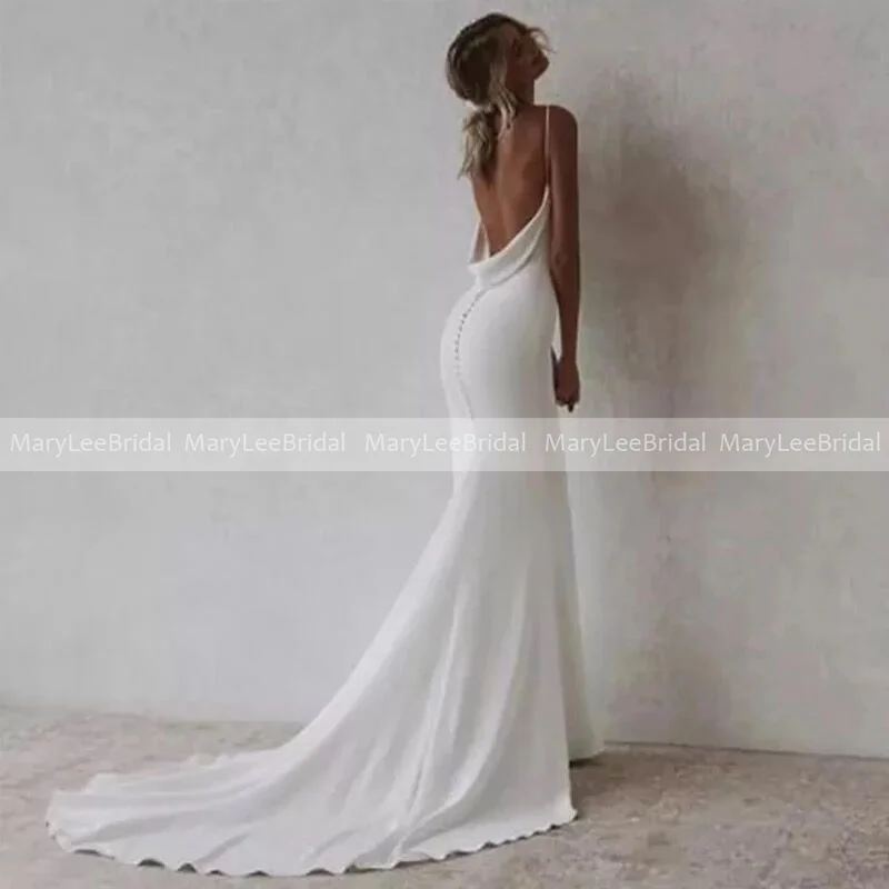 Real Photos Mermaid Wedding Dresses V-Neck Sleeveless Open Back Cascade Bridal Gowns Stretch Satin Long Train Vestido de noiva