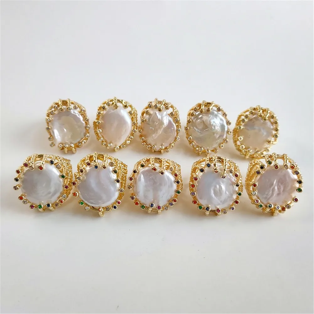 FUWO Jewelry One Piece Natural Fresh Water Pearl Ring,Golden Plated Zircon Bead Charm Adjusbable Rings For Women RG509