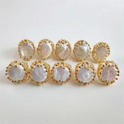 FUWO Jewelry One Piece Natural Fresh Water Pearl Ring,Golden Plated Zircon Bead Charm Adjusbable Rings For Women RG509