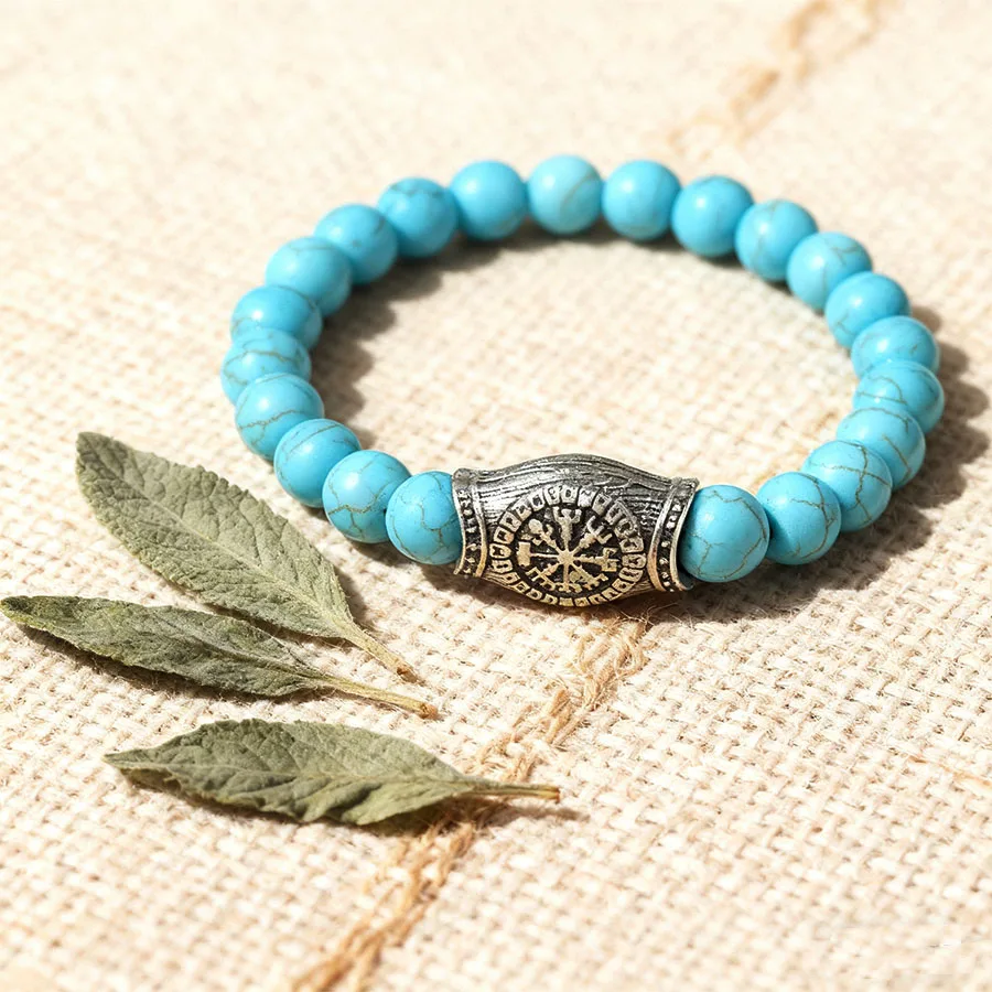 Viking Compass Bead Bracelet for Men Tiger Eye White Howlite Natural Stone Navigation Jewelry Nordic Retro Wristband Joias view 3
