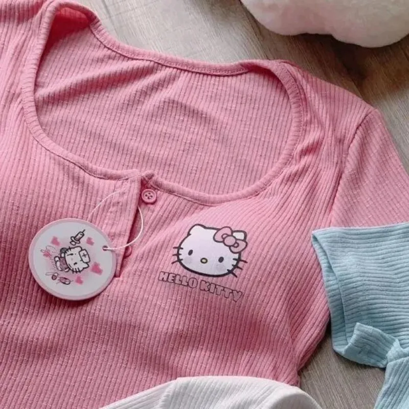 Nowy Sanrio Hello Kitty seksowna bielizna z krótkim rękawem modny Trend damski t-shirt z okrągłym dekoltem Top kreskówka z wkładek do biustonosza