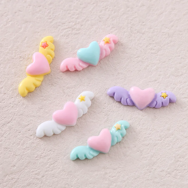 10Pcs Kawaii Love Heart Wings Resin DIY Barrette Icebox Mobile Phone Case Scrapbook Decoration Materials Flat Back Resin