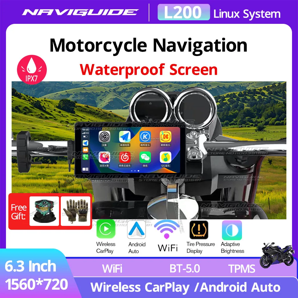 

NAVIGUIDE L200 6,3-дюймовый беспроводной экран Carplay Moto GPS Navi Водонепроницаемый IPX7 Портативный мотоцикл Android Автоматический монитор Bluetooth