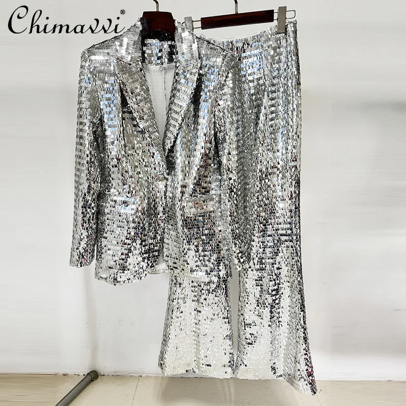 

2025 Spring and Summer New Heavy Fashion One-button Mesh Sequined Blazer Pant Sets Temperament Women's Commuter Two-piece Set