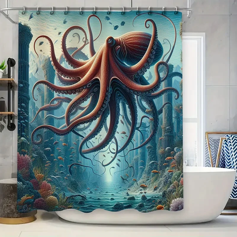 

Занавеска для душа Oceanic Majesty Octopus, синий глубоководный декор для ванной комнаты