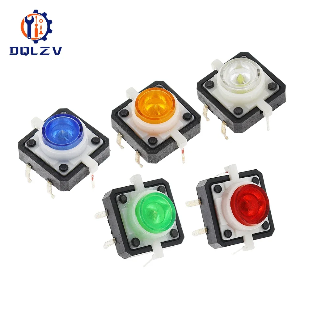 5PCS Reset Button Momentary Switch With Light 12x12x7.3 mm Green Red Yellow Blue White LED Illuminated Tact Switch 12*12*7.3 MM