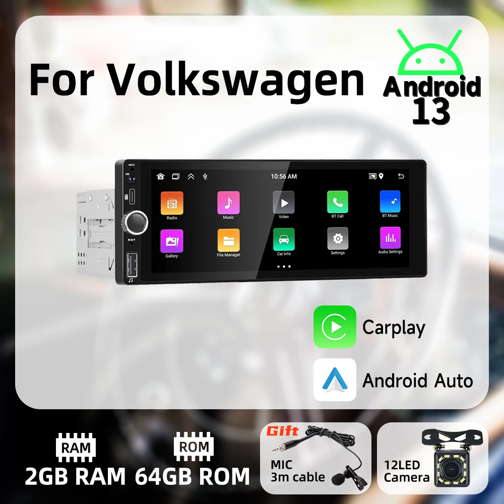 

Wireless Carplay Android Auto 1 Din Radio for Volkswagen Android Car Multimedia Stereo Head Unit Autoradio 6.86" Screen GPS Wifi