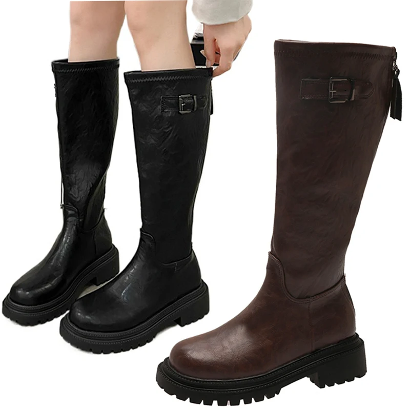 

Black Buckle Decor Round Toe Boots Chunky High Heels Matte Leather High Heel Shoes for Women Heels 2024 New Zapatos Para Mujere