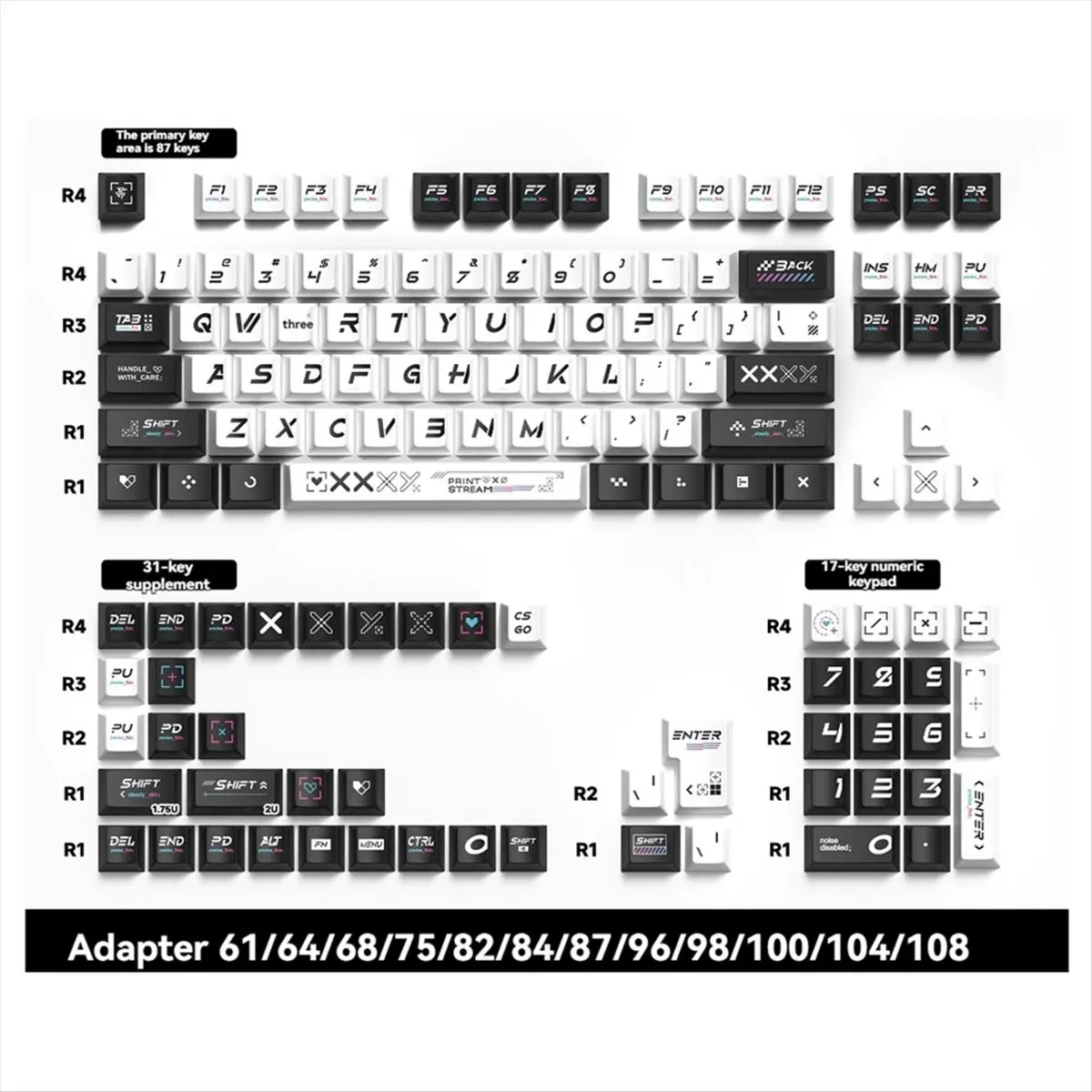 A85P 135-Key Keycaps Set PBT Dye Sublimation Black and White Keycaps for Mechanical Keyboards Replacement Keycap