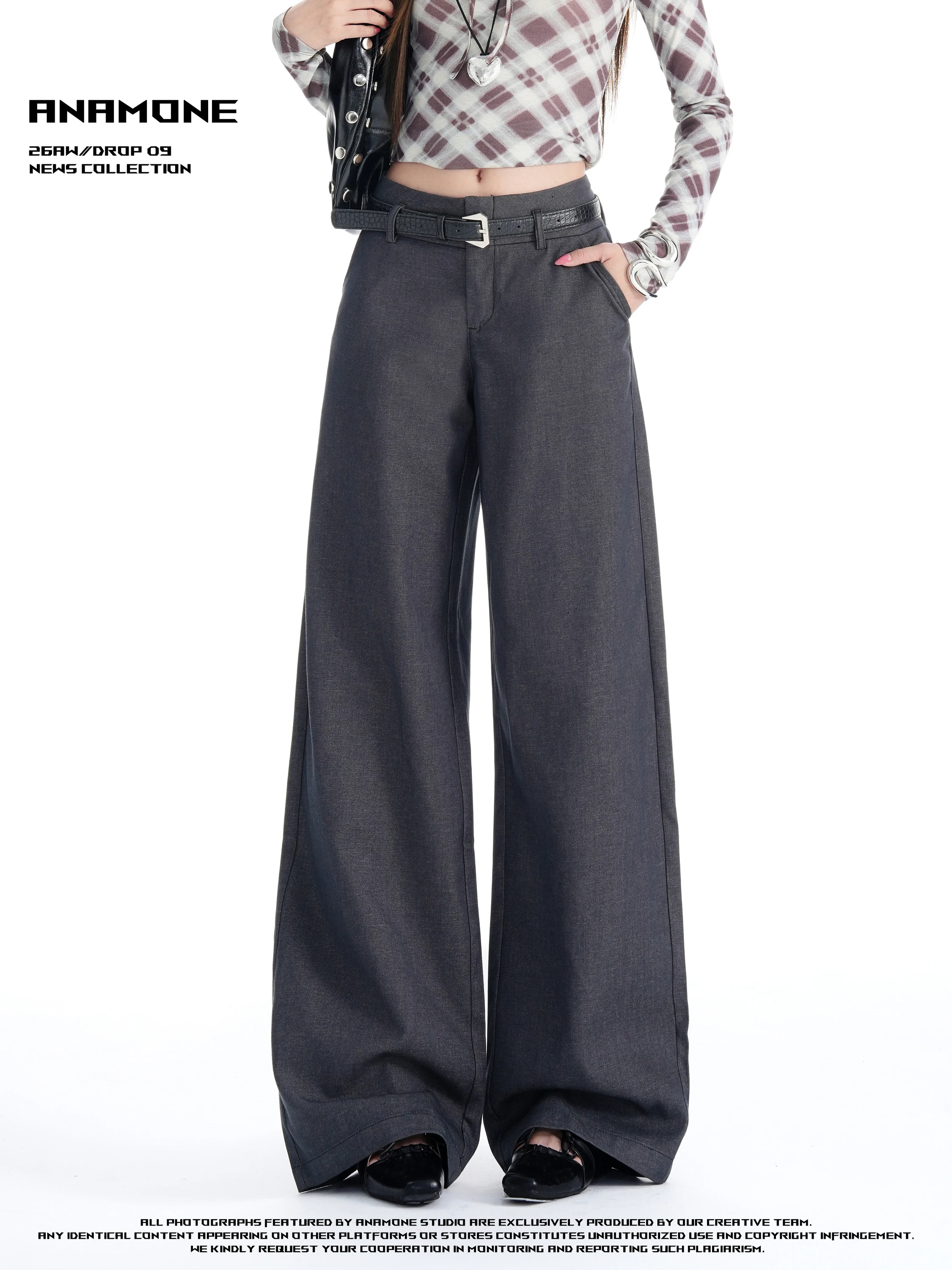 ANAMONE High Waist Wide Leg Casual Suit Pants Women's Autumn Winter Flocking Loose Drapey Commuter Trousers Money Style