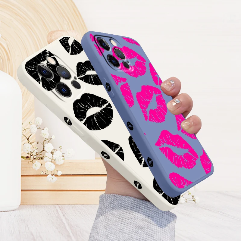 

Sexy Girl Red Lips Fashion Liquid Left Rope For Apple iPhone 15 14 13 12 11 XS XR X 8 7 SE Pro Max Plus Mini TPU Phone Case
