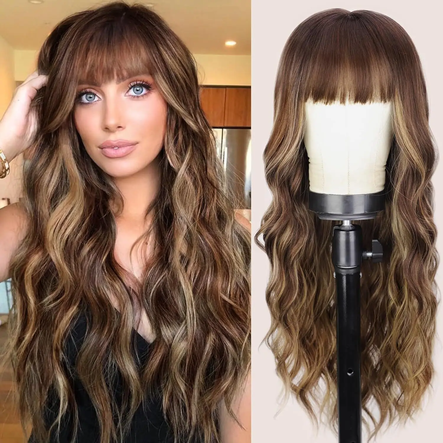 

Ombre Brown Synthetic Long Wavy Wig with Fluffy Bangs for Women Natural Hair Brown Blonde Highlight Wigs for Daily Cosplay Use