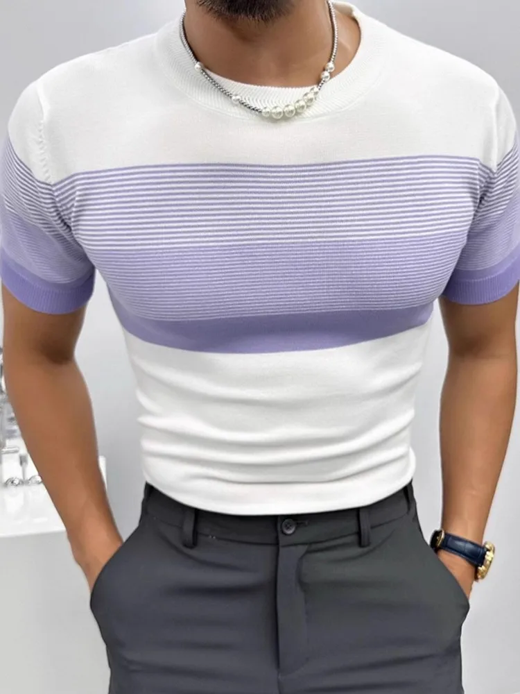 Slim Fit Men 2024 New Summer Short Sleeve Casual T-Shirt Fashion O-Neck Knitted Tops Pullover Tees Elastic Striped T-Shirts Male