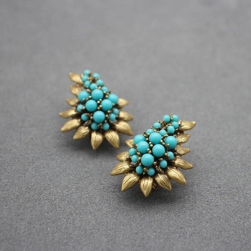 Vintage Rice Bead Stud Earrings 925 Silver Posts Imitation Turquoise Leaf Wheat Ear Clips Antique Copper Jewelry Christmas Gifts