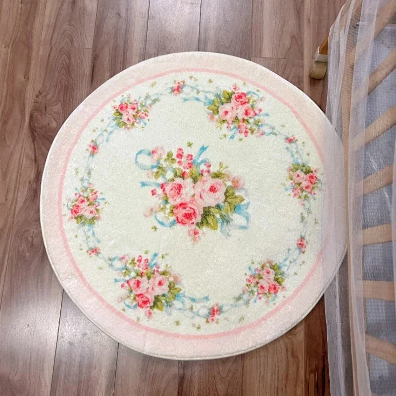 Round Retro Rose Carpet Soft Plush Bedroom Rug Living Room Desk Carpet French Exquisite Home Decoration Pink Pastoral Floor Mat