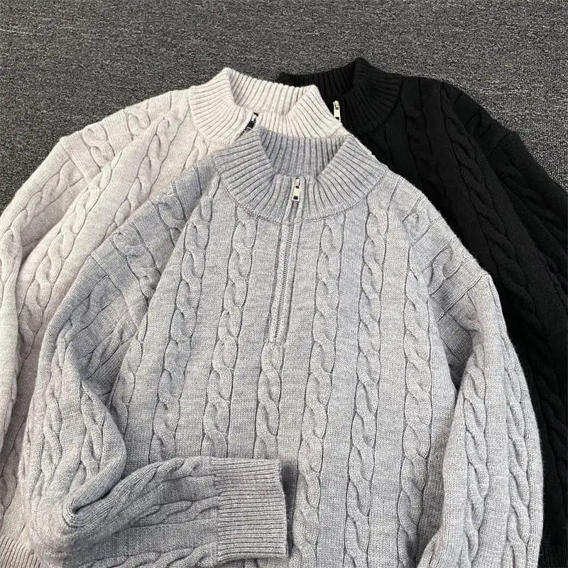 

Мужской свободный повседневный вязаный свитер на молнии с воротником-стойкой в корейском стиле для осени и зимы, молодежный модный тренд