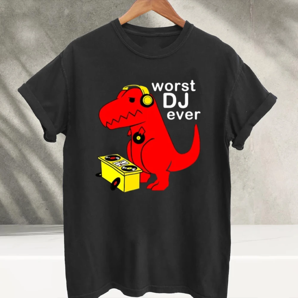 Unisex Worst DJ Ever Red Dinosaur Graphic T‑Shirt Funny T‑Rex DJ Turntable Headphones Music Art Print Soft Cotton Loose Tee Tops