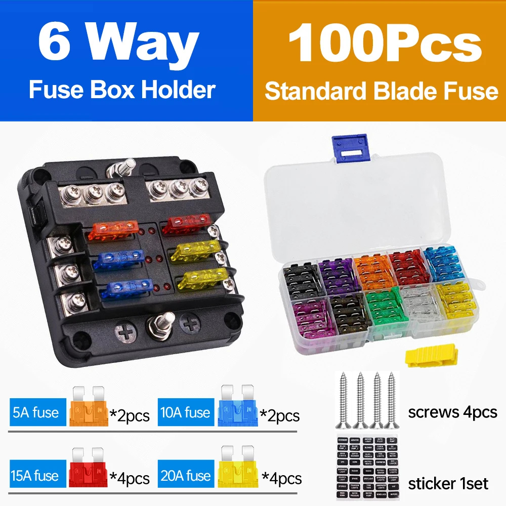 Car Boat Fuse Box Holder With 6 Ways 12 Ways Blade Fuse Holder Block & Warning Indicator 12V 36V Power Distribution Panel Board