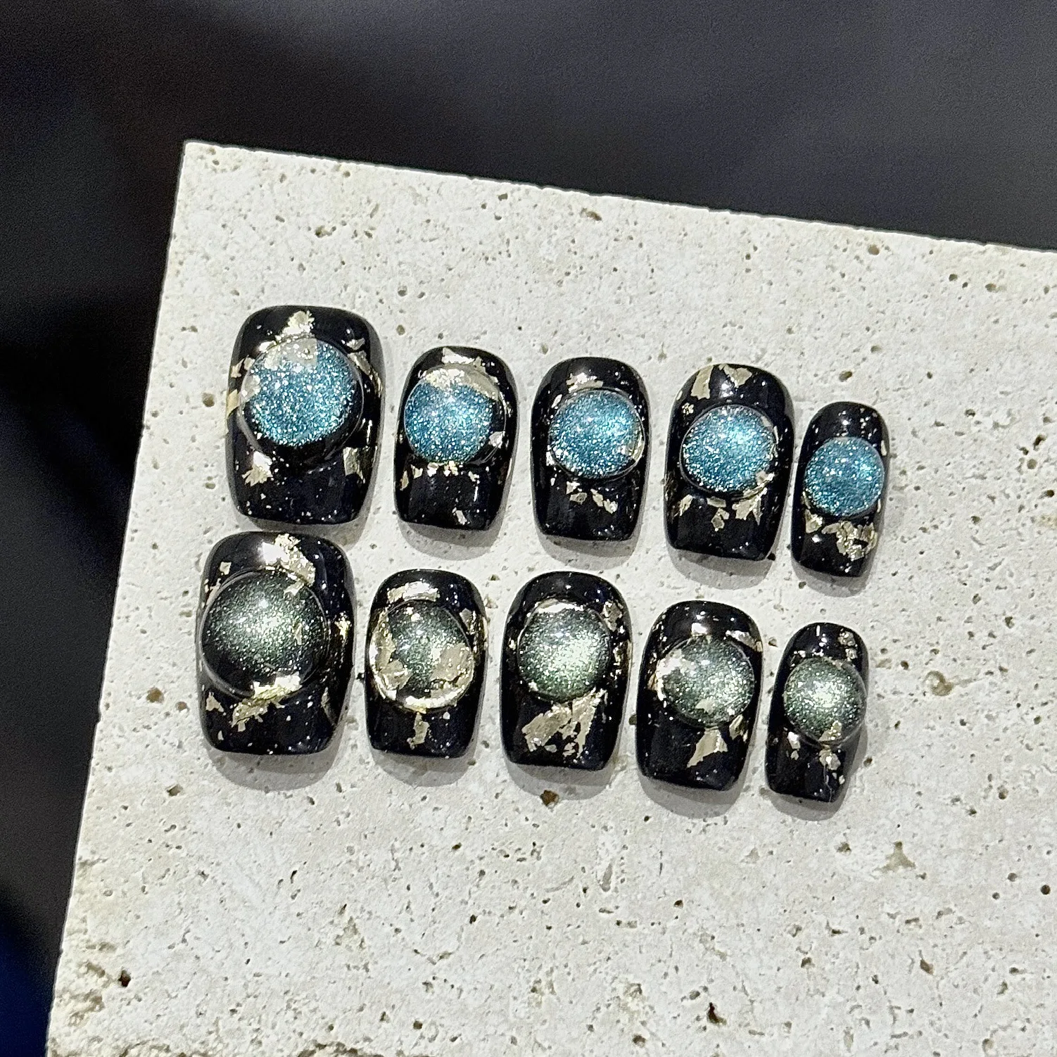 10pcs Short Sweet Cool Black Handmade Press On Acyrlic Fake Nails Blue Green Cat's Eye Decor French y2k False Nails Wearable