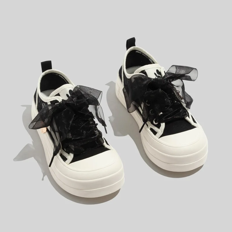 Lace Shoelaces Breathable Single Mesh White Shoes Women Versatile Summer 2024 Casual Embroidery Low Cut Thick Sole Canvas Shoes