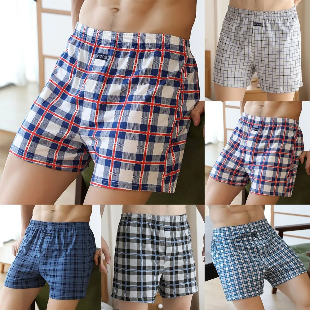 Men Casual Loose Plaid Wide Leg Cotton Boxer Shorts Pants Home Wear Underwear Fashion Nightwear Lingerie Comfy Bottom Underpants