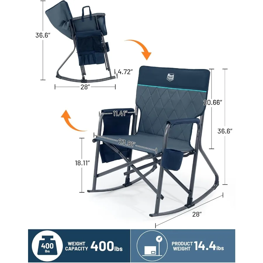 كرسي تخييم هزاز كبير الحجم قابل للطي بسعة 400 رطل للاستخدام في الحديقة الخارجية هزاز محمول يتميز بمساند للذراعين الصلبة