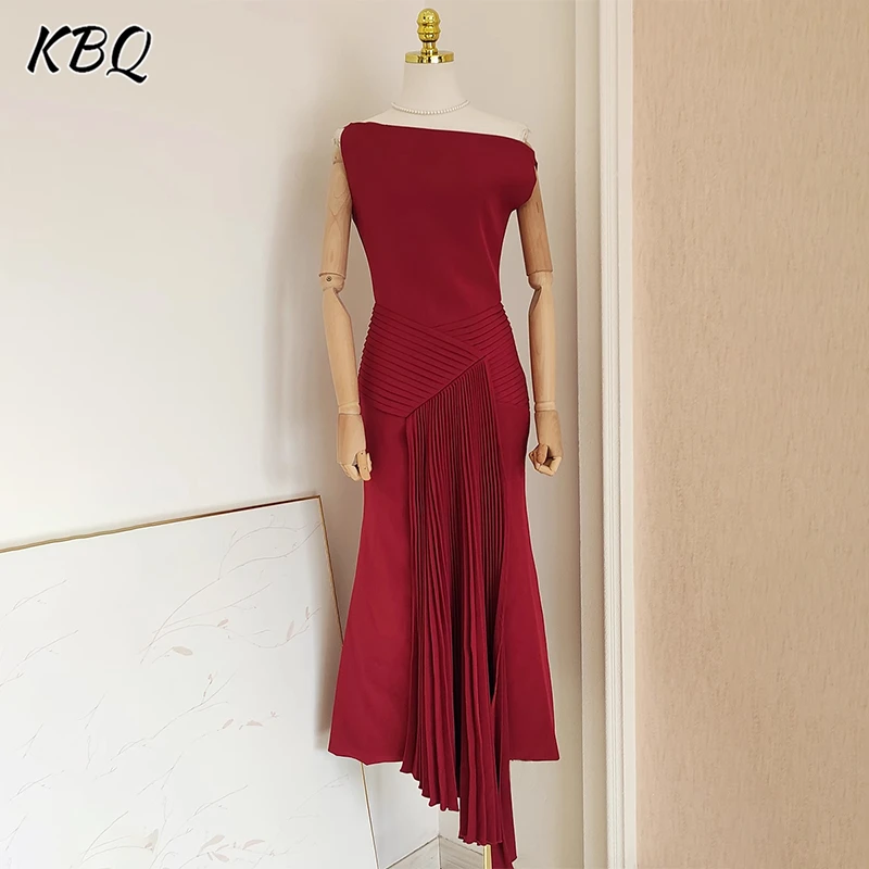 

KBQ Solid Spliced Folds Slimming Backless Dresses For Women Slash Neck Sleeveless Temperament Chic Evening Dress Female Fashion